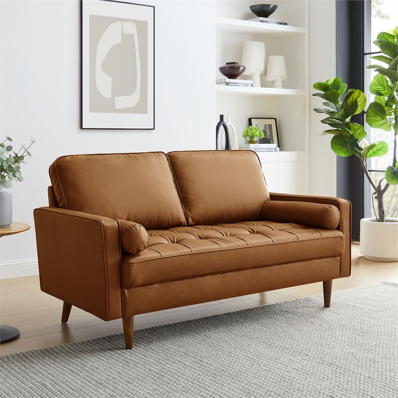 Pemberly Row Vegan Leather Upholstered Buiscut Tufted Loveseat in Tan