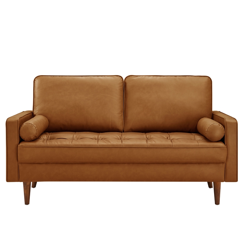 Pemberly Row Vegan Leather Upholstered Buiscut Tufted Loveseat in Tan