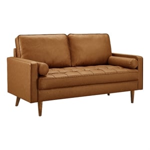 Pemberly Row Vegan Leather Upholstered Buiscut Tufted Loveseat in Tan