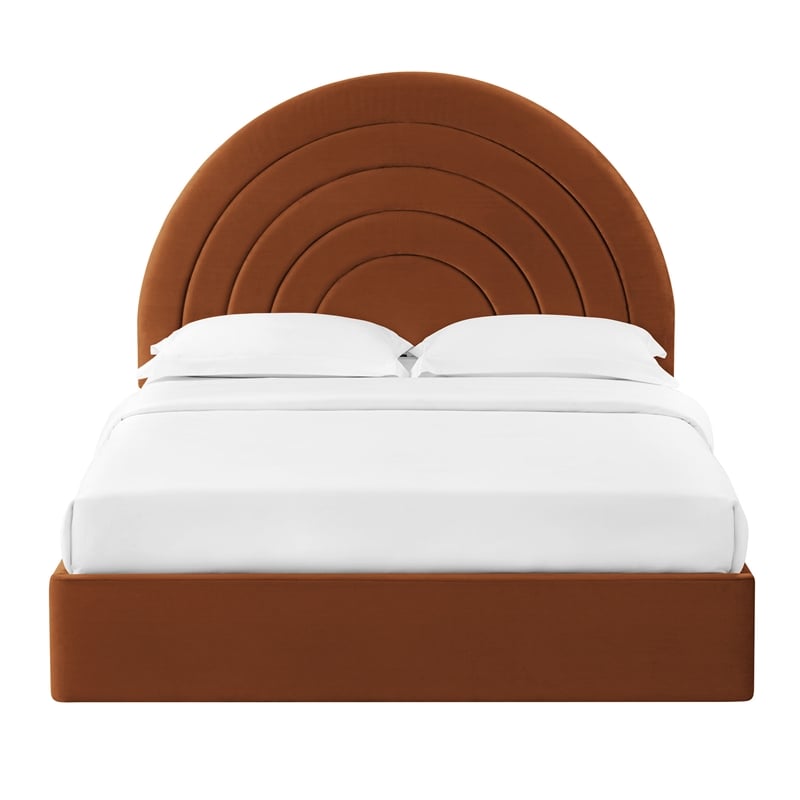 Pemberly Row Performance Velvet Upholstered Queen Platform Bed in Rust