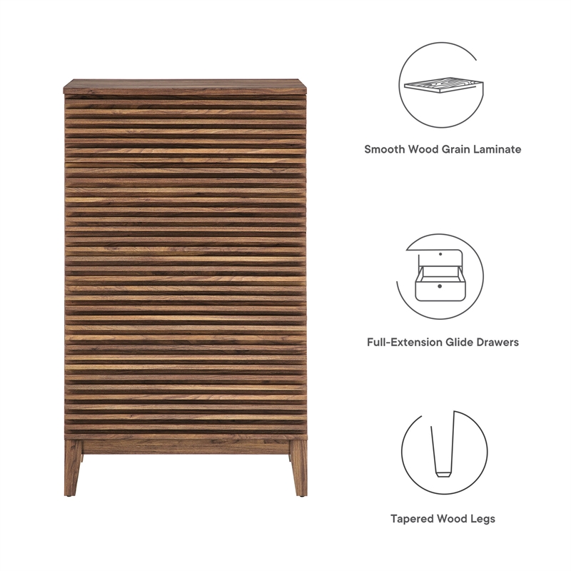 Pemberly Row Contemporary Slatted 5-Drawer Chest Chest in Walnut
