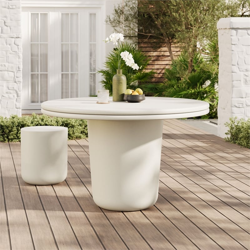 Pemberly Row Contemporary Concrete Round Top Dining Table in White