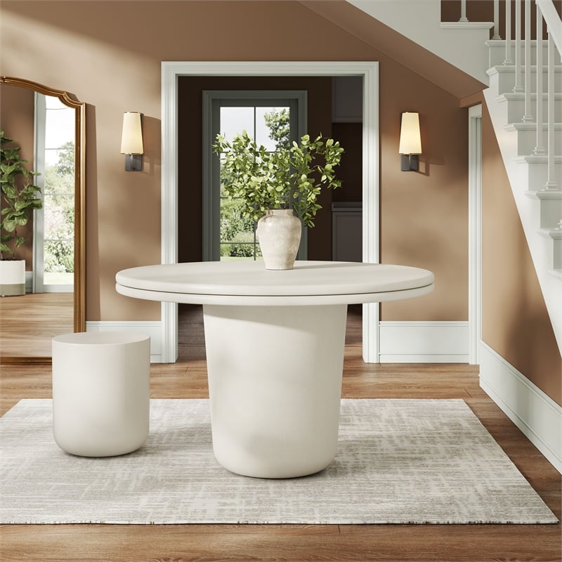 Pemberly Row Contemporary Concrete Round Top Dining Table in White