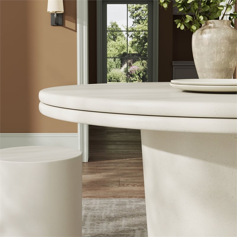 Pemberly Row Contemporary Concrete Round Top Dining Table in White