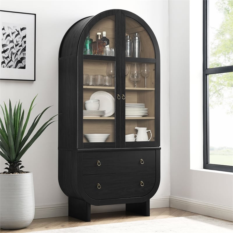 Pemberly Row Contemporary Display Cabinet with Tempered Glass Doors in Black