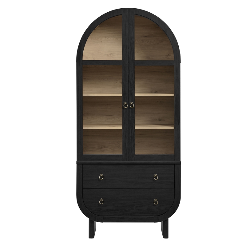Pemberly Row Contemporary Display Cabinet with Tempered Glass Doors in Black
