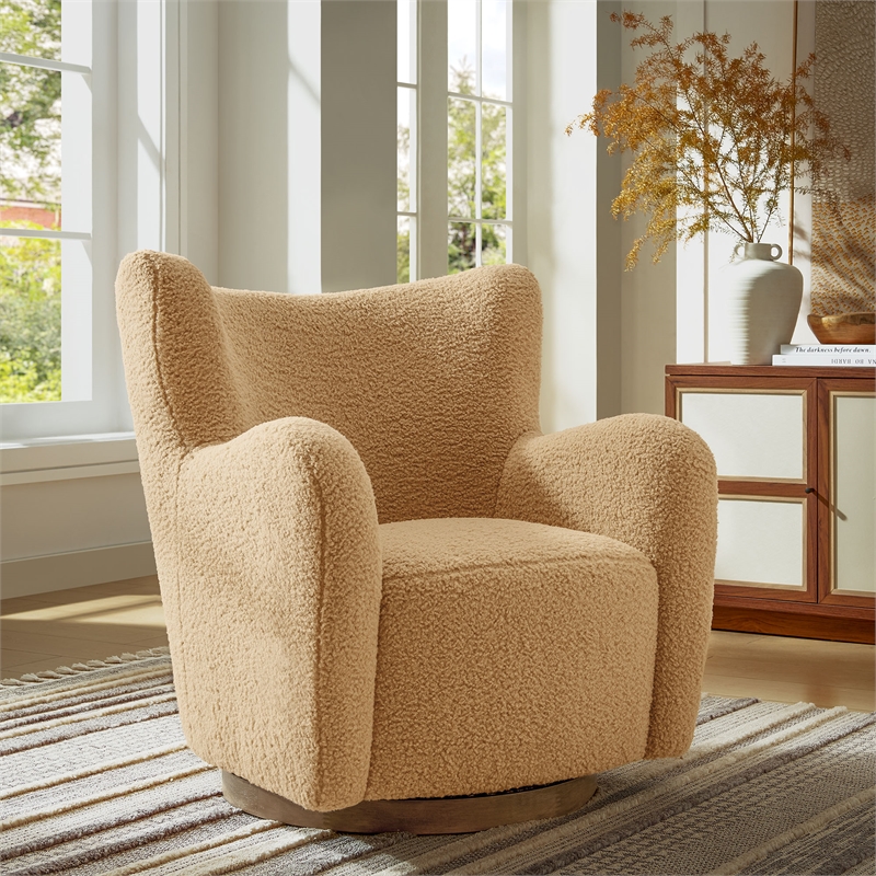 Pemberly Row Contemporary Swivel Accent Chair in Camel Walnut
