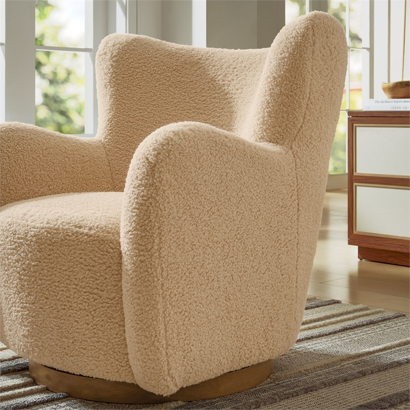 Pemberly Row Contemporary Swivel Accent Chair in Ivory Walnut