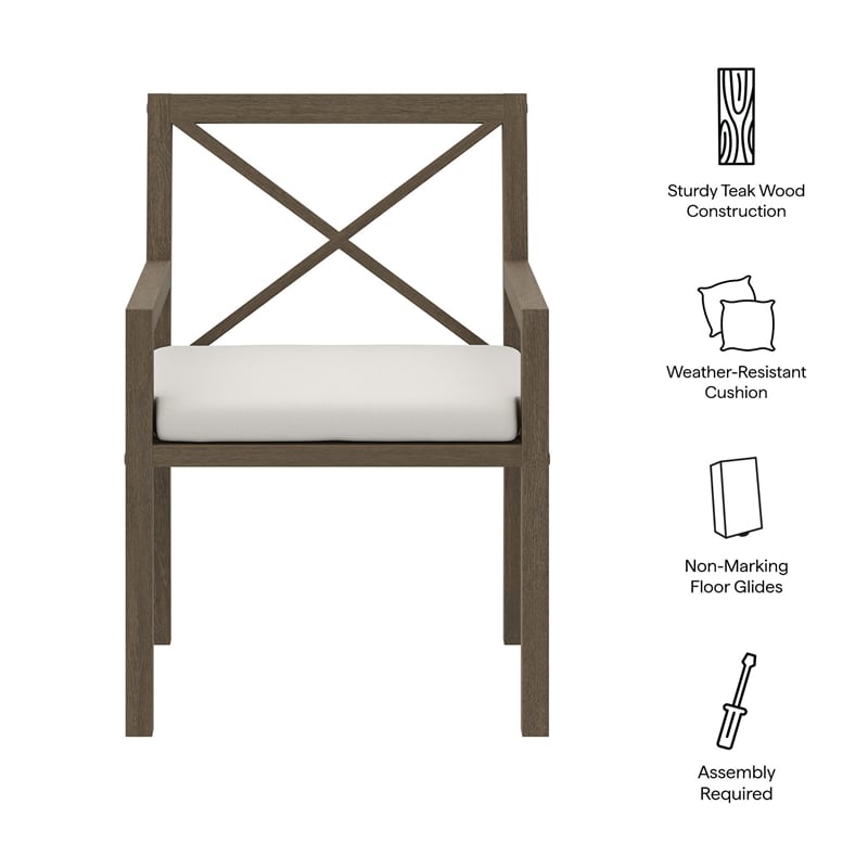 Pemberly Row Outdoor Patio Teak Dining Armchair in Weathered Gray White