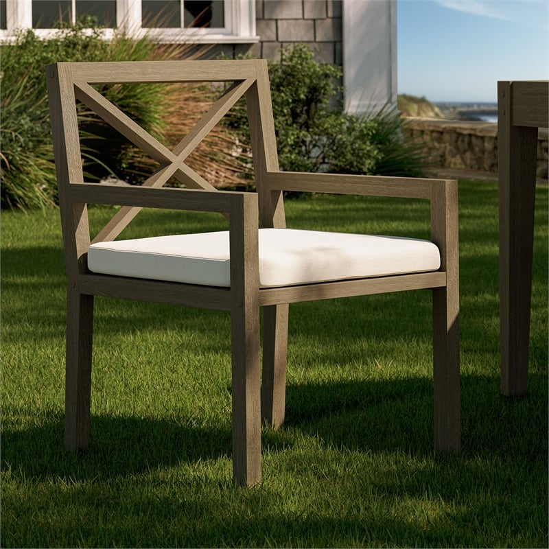 Pemberly Row Outdoor Patio Teak Dining Armchair in Weathered Gray White