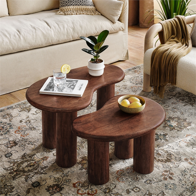 Pemberly Row Contemporary Mango Wood Nesting Coffee Table Set in Walnut