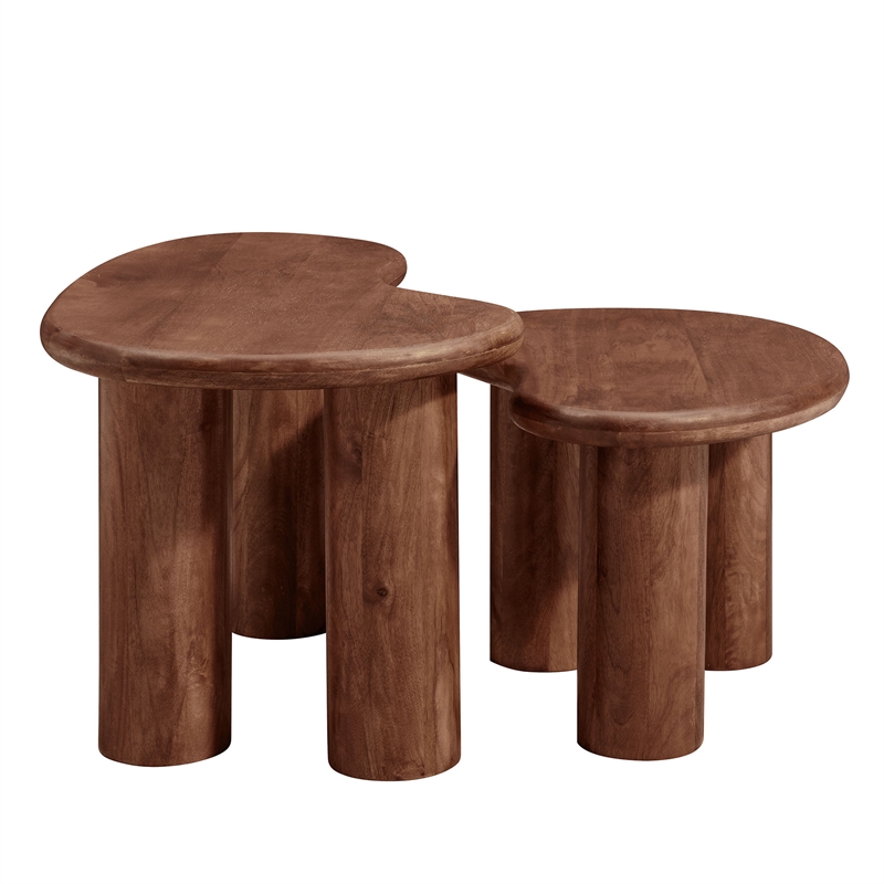 Pemberly Row Contemporary Mango Wood Nesting Coffee Table Set in Walnut
