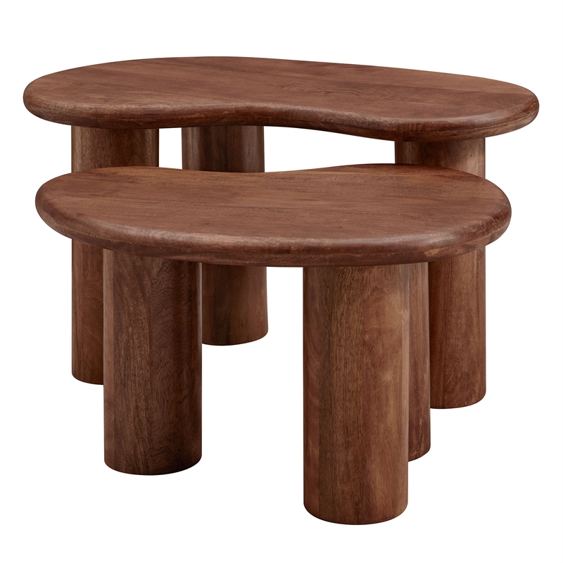 Pemberly Row Contemporary Mango Wood Nesting Coffee Table Set in Walnut