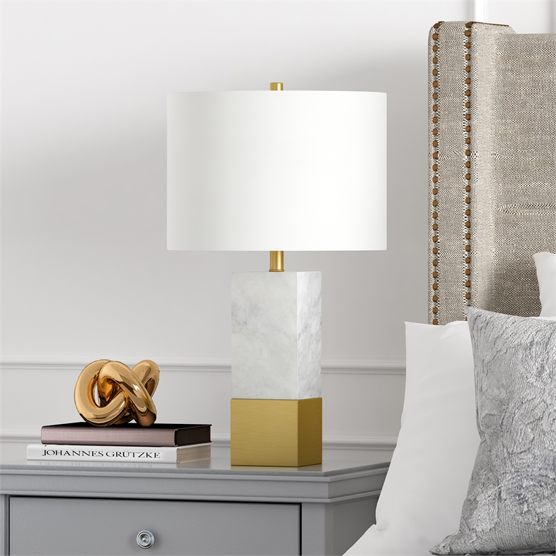 Pemberly Row Italian Marble Table Lamp w/ Black/Bronze Metal Accent Fabric Shade