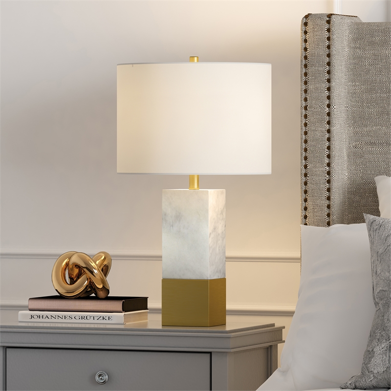 Pemberly Row Italian Marble Table Lamp w/ Black/Bronze Metal Accent Fabric Shade