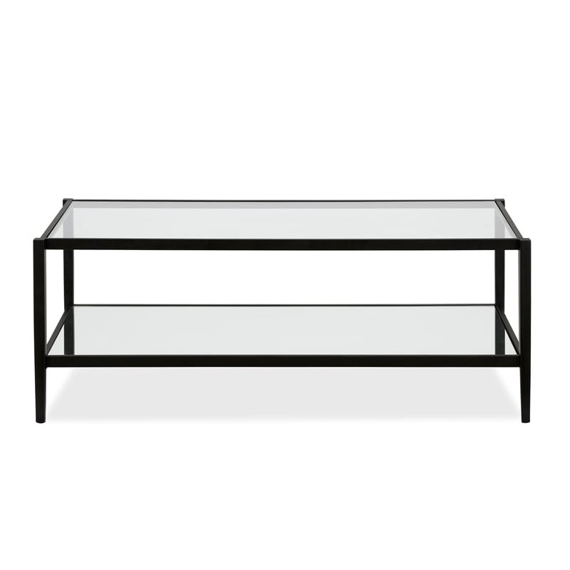 Pemberly Row Rectangle Coffee Table in Black and Bronze with Mirrored Shelf