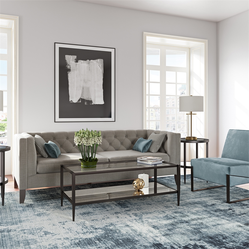 Pemberly Row Rectangle Coffee Table in Black and Bronze with Mirrored Shelf