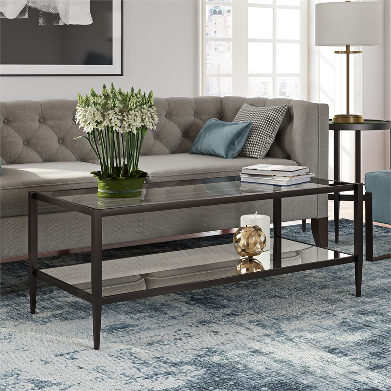 Pemberly Row Rectangle Coffee Table in Black and Bronze with Mirrored Shelf
