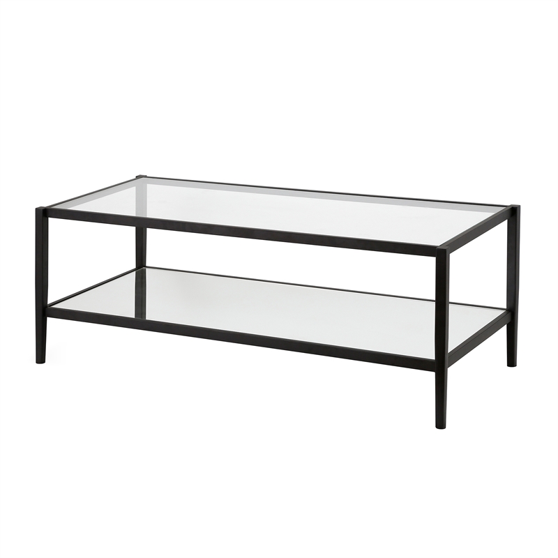 Pemberly Row Rectangle Coffee Table in Black and Bronze with Mirrored Shelf