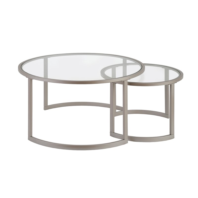 Pemberly Row Contemporary Metal Two Tier Glass Top Nickel and Gray Coffee Table