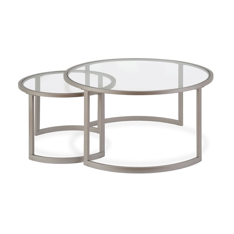 Pemberly Row Contemporary Metal Two Tier Glass Top Nickel and Gray Coffee Table