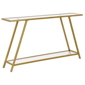 Pemberly Row Contemporary 52&quot Brass Finish Metal/Glass Console Table