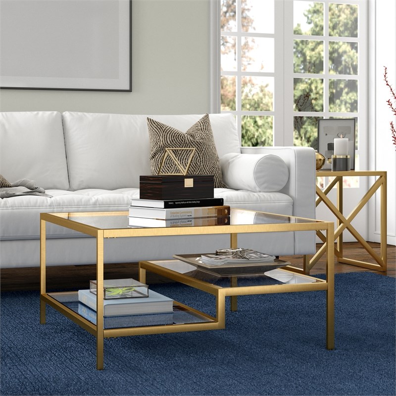 Pemberly Row Handcrafted Contemporary Brass Finish Square Coffee Table