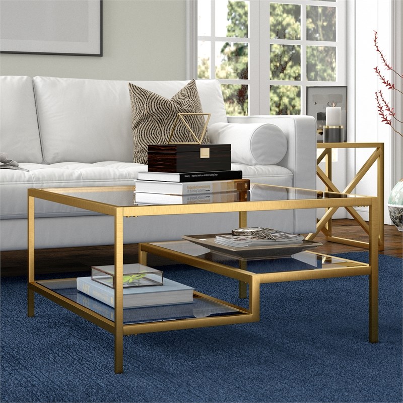 Pemberly Row Handcrafted Contemporary Brass Finish Square Coffee Table