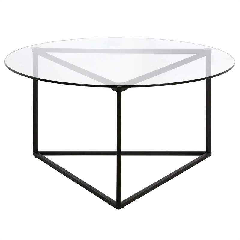 Pemberly Row Contemporary Black Bronze Round Coffee Table with Glass Top