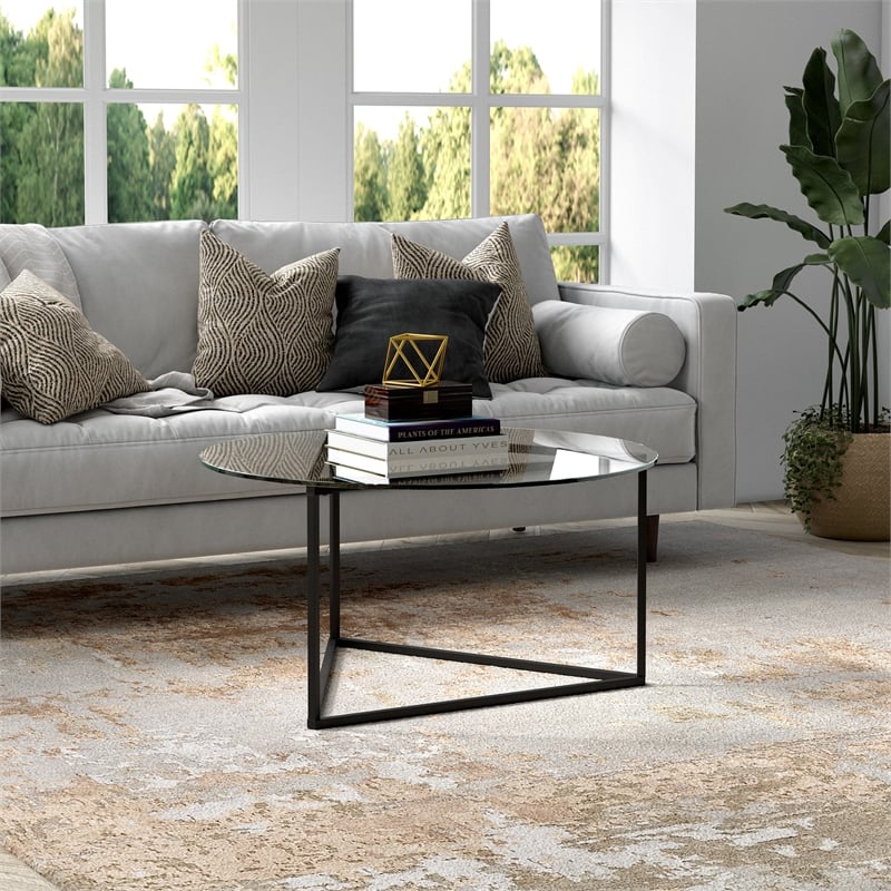 Pemberly Row Contemporary Black Bronze Round Coffee Table with Glass Top