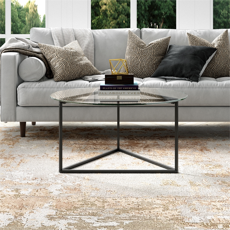 Pemberly Row Contemporary Black Bronze Round Coffee Table with Glass Top