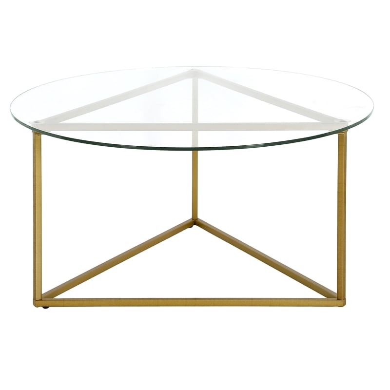 Pemberly Row Contemporary Brass Round Coffee Table with Glass Top