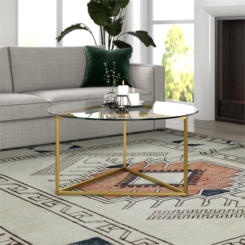 Pemberly Row Contemporary Brass Round Coffee Table with Glass Top