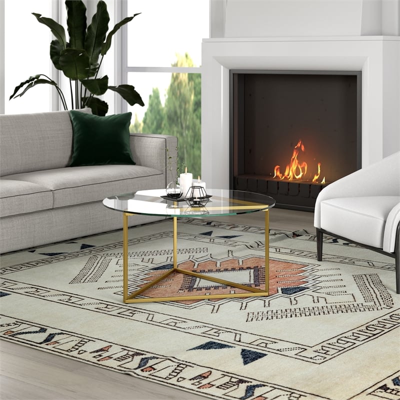 Pemberly Row Contemporary Brass Round Coffee Table with Glass Top