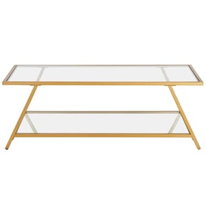 Pemberly Row Handcrafted Industrial Brass Finish Glass Top Coffee Table