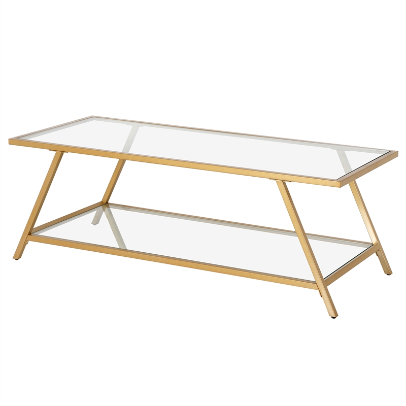 Pemberly Row Handcrafted Industrial Brass Finish Glass Top Coffee Table