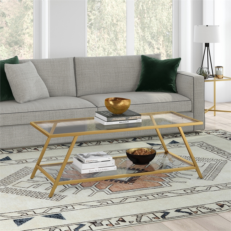 Pemberly Row Handcrafted Industrial Brass Finish Glass Top Coffee Table