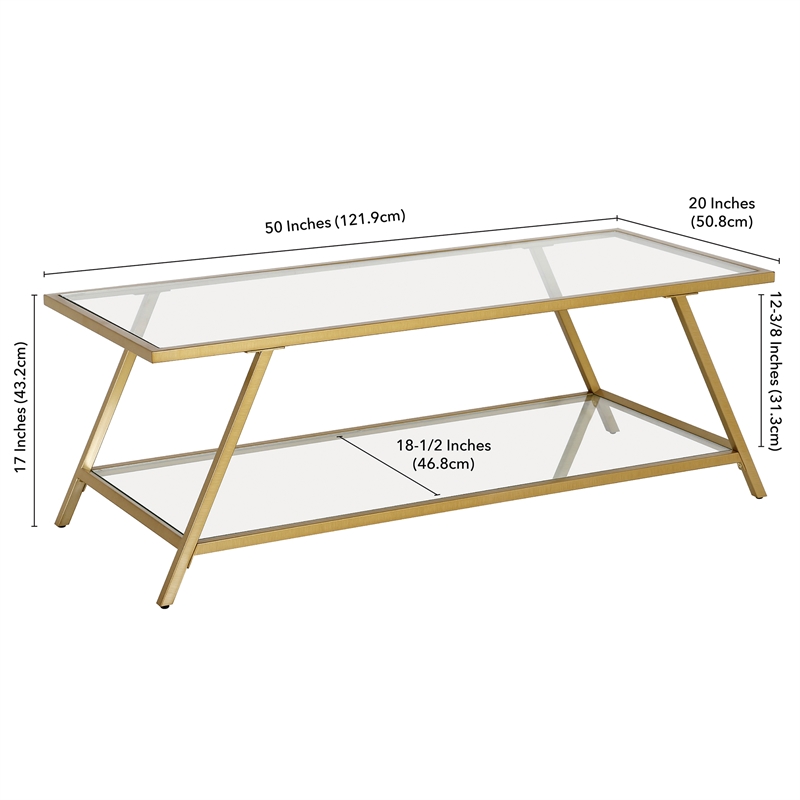 Pemberly Row Handcrafted Industrial Brass Finish Glass Top Coffee Table