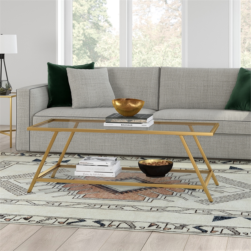 Pemberly Row Handcrafted Industrial Brass Finish Glass Top Coffee Table