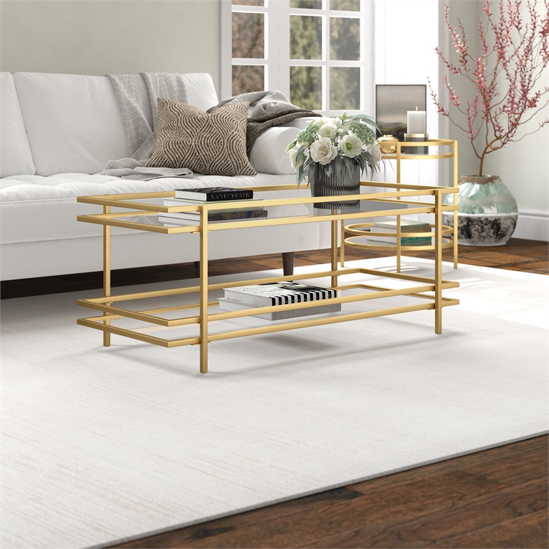 Pemberly Row Handcrafted Contemporary 45 in. Brass Finish Coffee Table