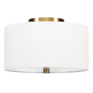 Pemberly Row Contemporary 12&quot Brass Finish Metal/Fabric Semi Flush Mount