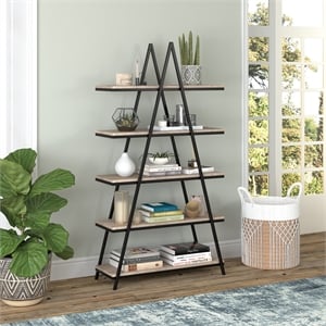 Pemberly Row Contemporary 36&quot Blackened Bronze/Antiqued Gray Oak Metal Bookcase