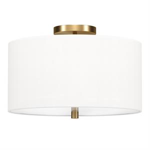 Pemberly Row Contemporary 16&quot Brass Finish Metal/Fabric Semi Flush Mount
