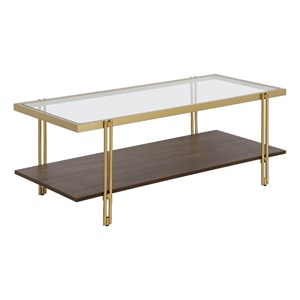 Pemberly Row Mid-Century 45&quot Brass/Walnut Metal/Glass Coffee Table