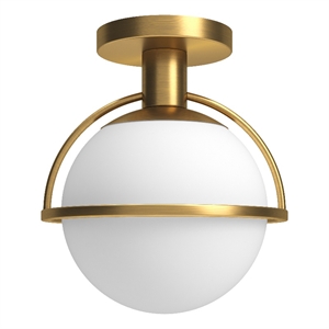 Pemberly Row 9.25&quot Antique Brass Finish Metal/Glass Semi Flush Mount