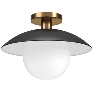 Pemberly Row Contemporary 14.5&quot Matte Black/Brass Metal/Glass Semi Flush Mount