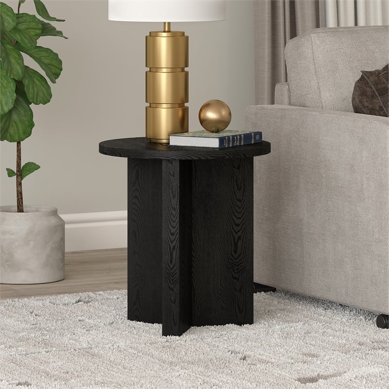 Pemberly Row Engineered Wood Side Table with Round Top in Black Grain