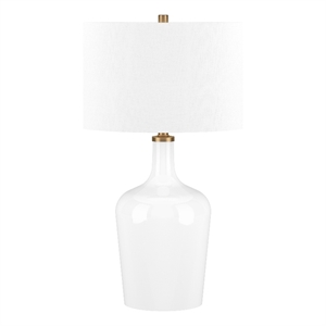 Pemberly Row Farmhouse 15&quot White Glass/Metal/Fabric Table Lamp