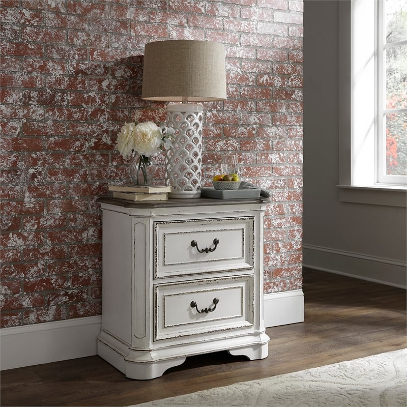 Pemberly Row Farmhouse White 2 Drawer Night Stand with Antique Brass Knobs