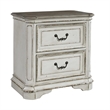Pemberly Row Farmhouse White 2 Drawer Night Stand with Antique Brass Knobs